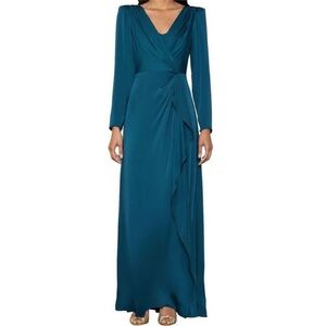BCBGMAXAZRIA Dark Teal Blue Long Sleeve Silky Satin Maxi Gown Dress Size 4